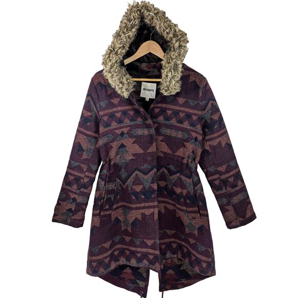 BB Dakota Aztec Fur Trim Coat Blanket Southwestern Dusty Parka Winter Jacket S - Picture 2 of 12